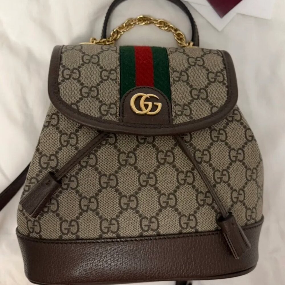 Gucci GG Supreme Monogram Textured Dollar Calfskin Web Mini Ophidia Chain Drawst